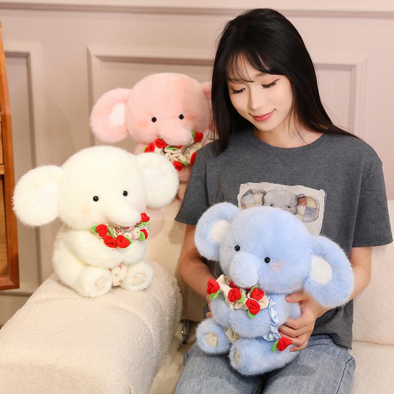 Adorable Sweet Elephant Hold Rose Bouquet Plush Doll Soft Stuffed Little Elephant With Flower Plushie Toy Cute Gift For Kids
