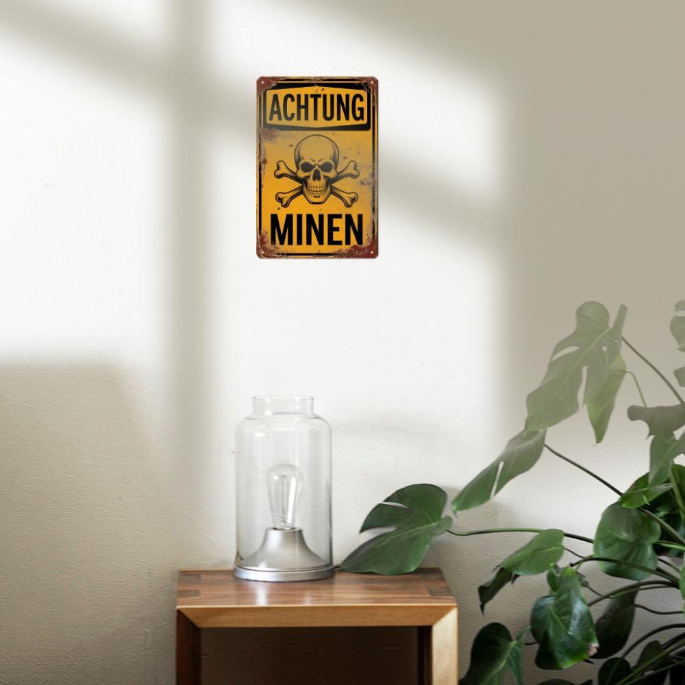 Vintage německá výstražná cedule Achtung Minen s lebkou, kovová plechová plaketa pro domov, pánskou jeskyni, nástěnné historické umění