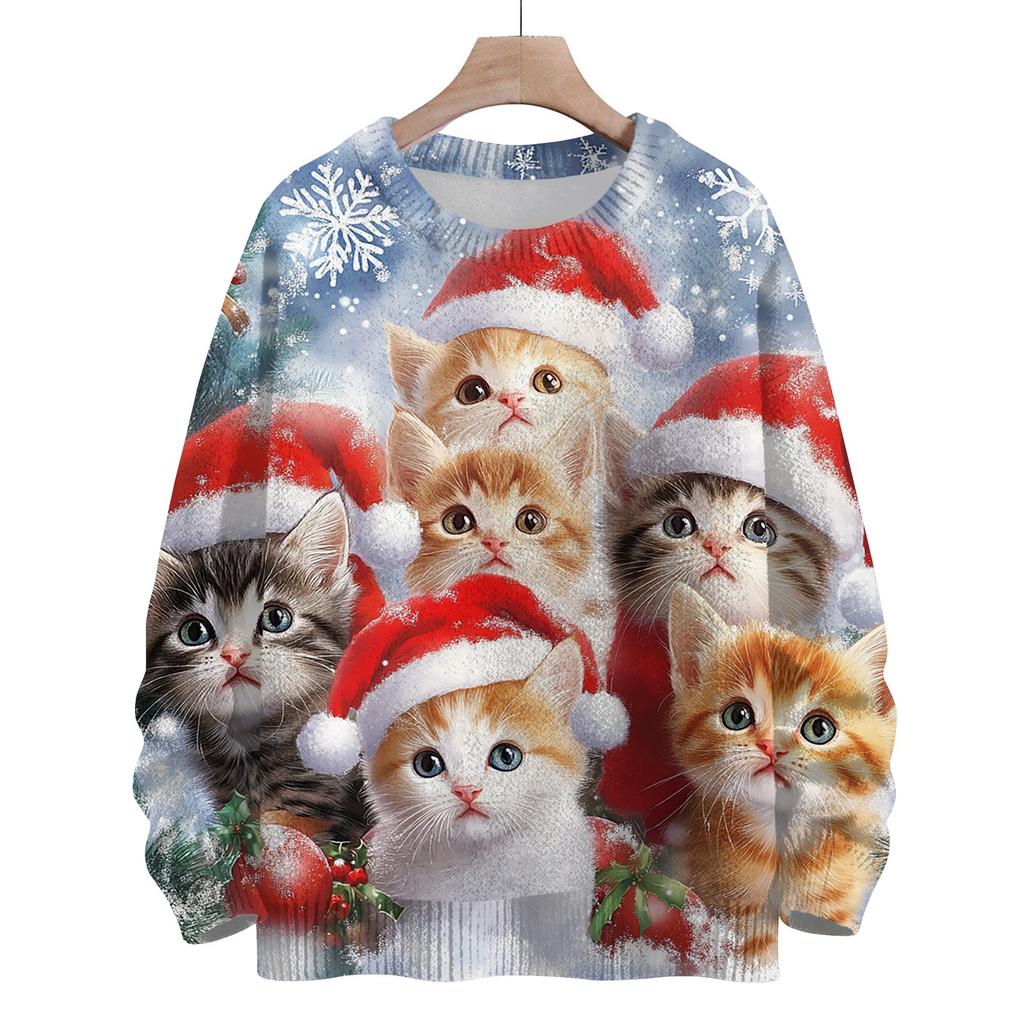 Women's Fashion Round Neck Casual Long Sleeve Christmas Cute Printed Woolen Knit Top