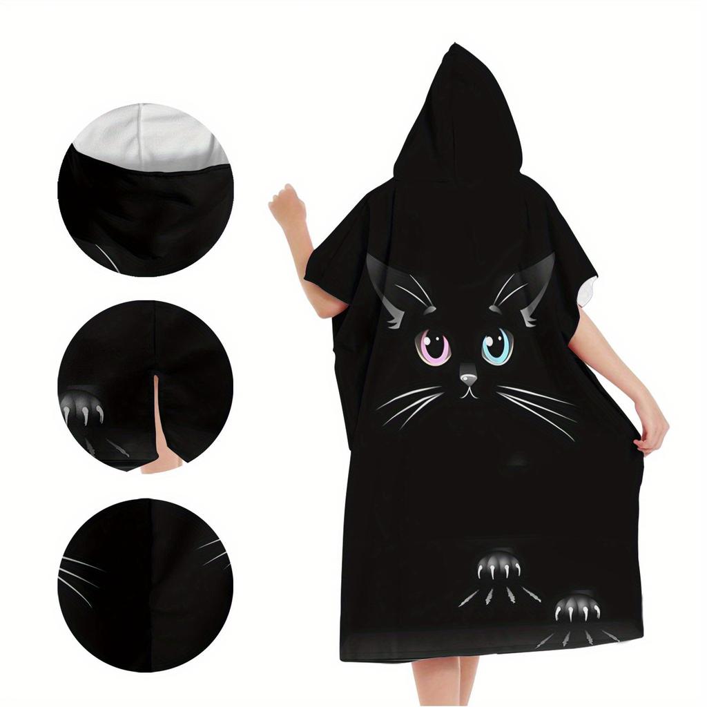 Heterochromia Black Cat Hooded Towel Flat Print Microfiber Changing Robe for Swimming Beach Pool Poncho for Children Adults