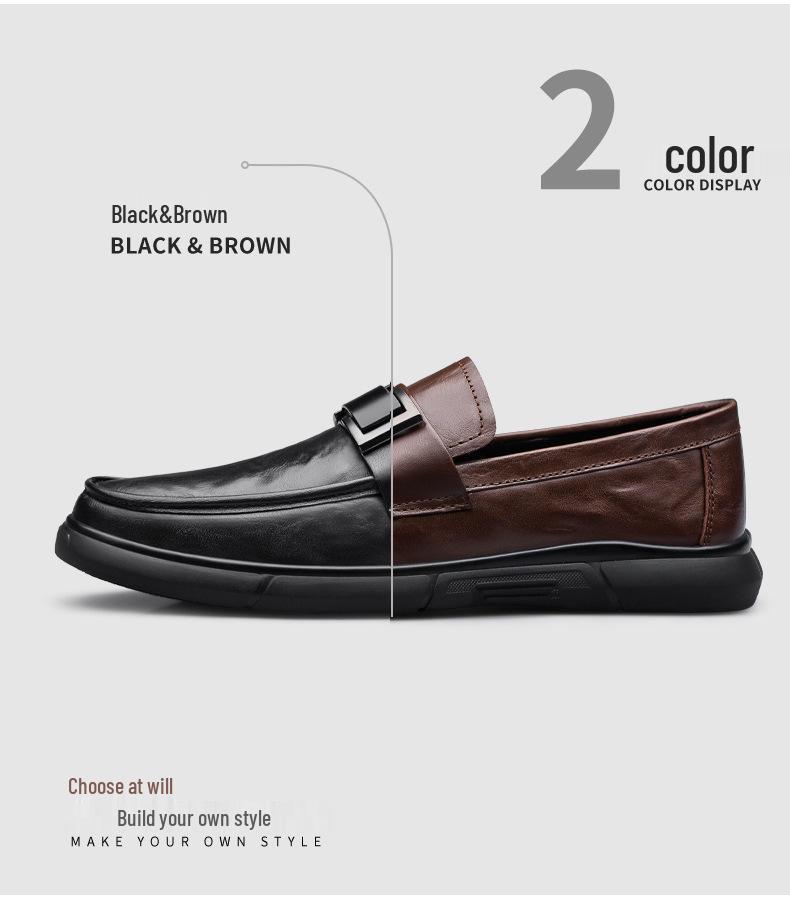 Men's British Style Cowhide Slip-On Leather Shoes: Versatile, Height-Increasing, Trendy for Casual or Wedding Wear.