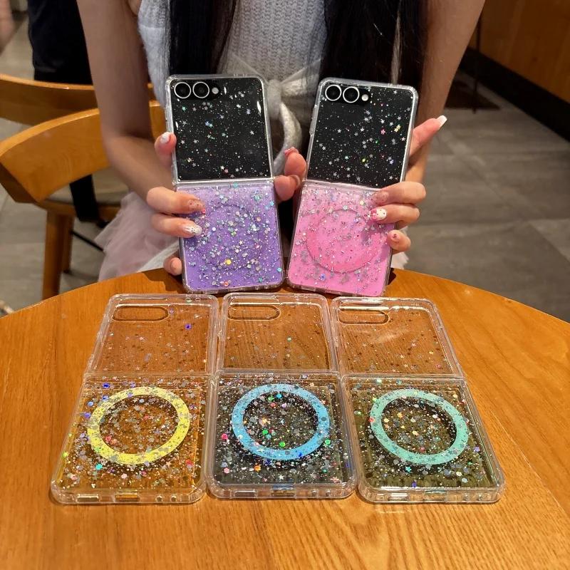 Luxury Glitter Gradient Transparent Magnetic Phone Case for Samsung Galaxy Z Flip 7 FE 6 5 4 3 for Magsafe Wireless Charge Cover
