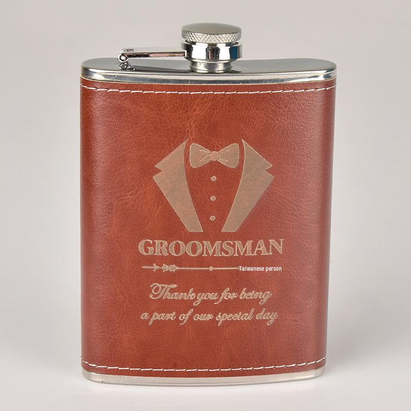 8oz Stainless Steel Hip Flask with Russian Leather, Portable Outdoor Small Flask - Brown/Black