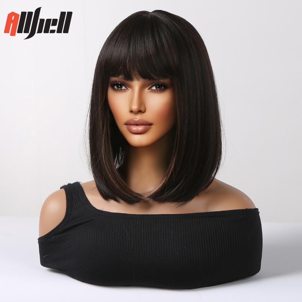 Parrucche Sintetiche Nere Naturali Parrucca Bob Corta Liscia con Frangia Nera con Mèches Marroni Parrucca Cosplay Uso Quotidiano Capelli per Donna
