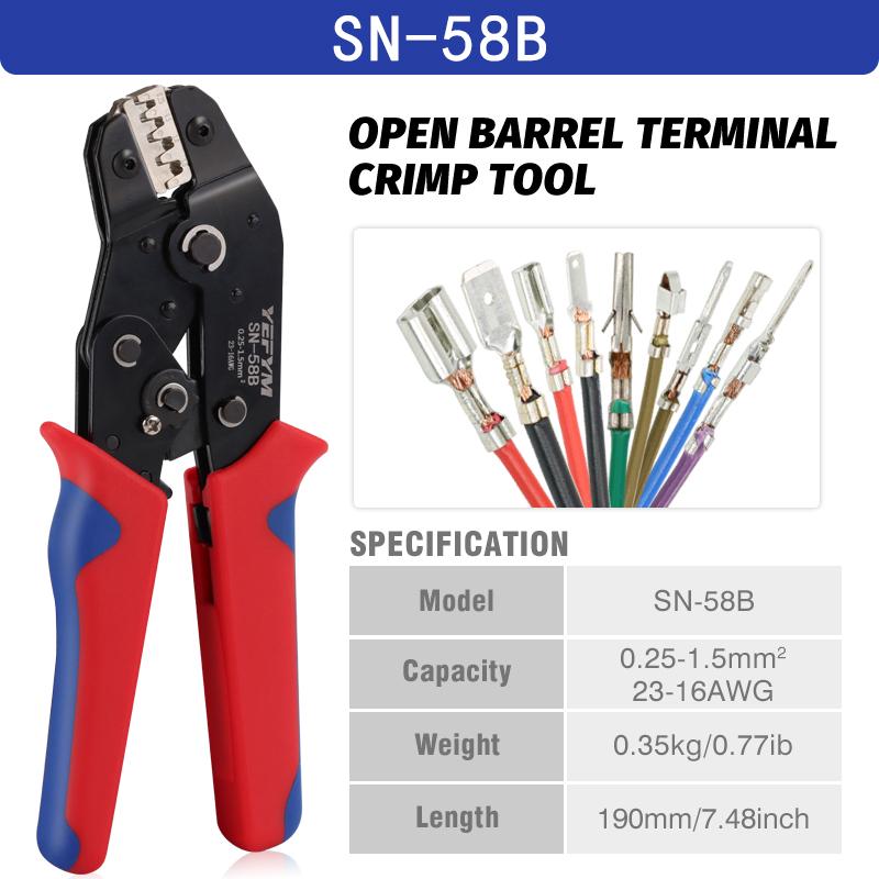 Non-insulated 23-16 AWG Open Barrel Crimping Tool 0.25-1.5mm², Ratcheting Crimper for Dupont Molex JST TE Terminals & EPC PCIE SATA Pins - SN-58B