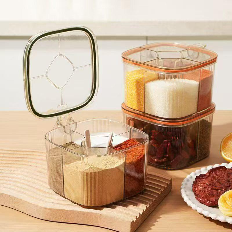 4 Grids Salt Pepper Seasoning Box Transparent Lid Spice Jar Chili Powder Sugar Bowl Condiments Storage Container Kitchen Gadgets