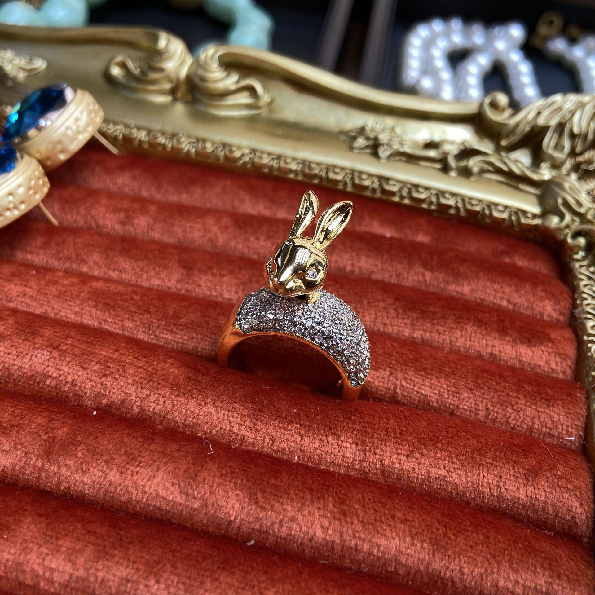 

Модное кольцо с изображением животного, золотое открытое кольцо с кроликом, милое кольцо с позолоченным медным цирконием, волосы Douyin