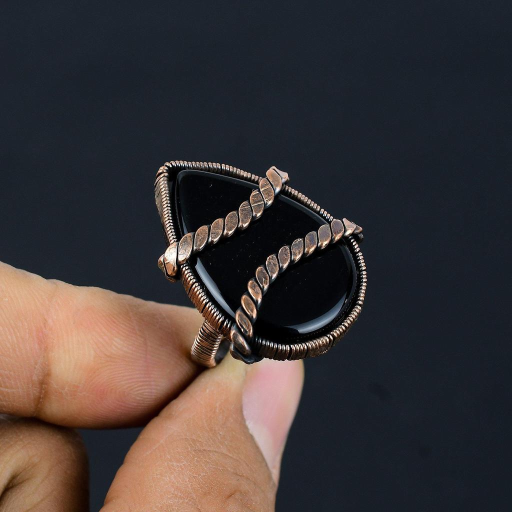 Black Onyx Gemstone Copper Wire Wrapped Handmade Jewelry Ring For Her All Size