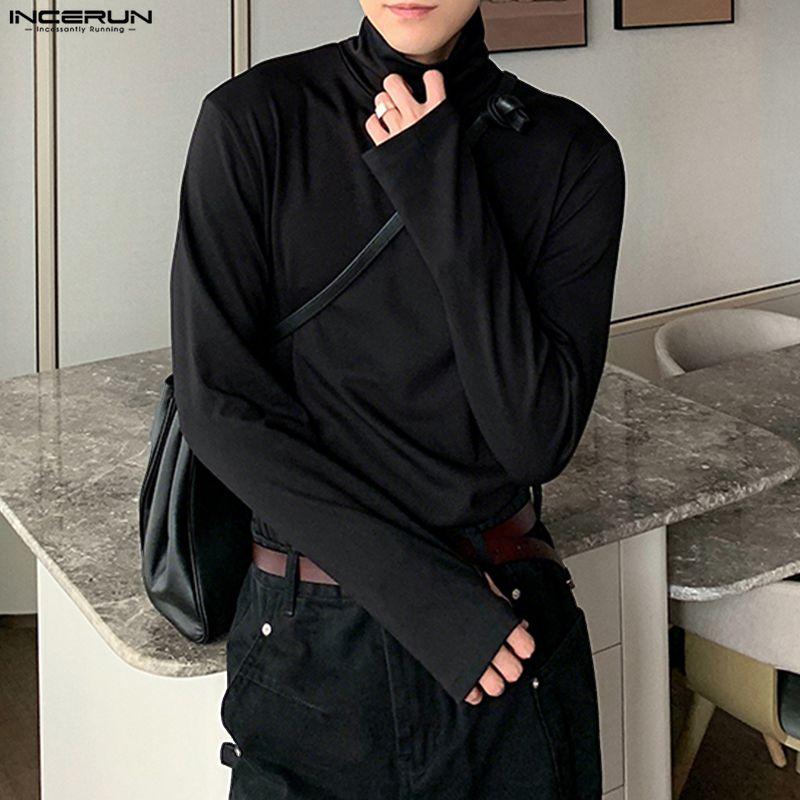 INCERUN Spring Autumn Men Solid Color High Collar Long Sleeve Fitted Tops Undershirts