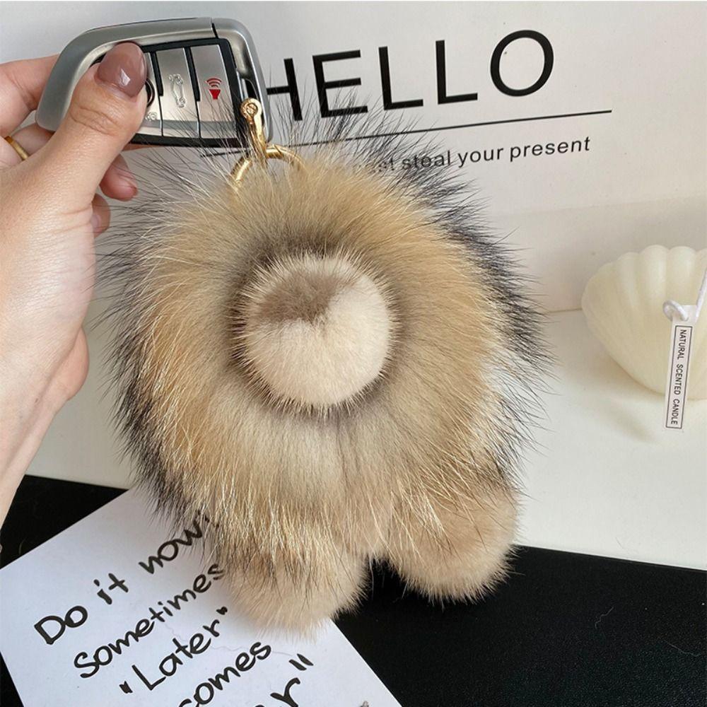 Mink Fur Lion Plush Pendant Long Mane Cute Animal Keychain Kawaii Plush Lion Keychain  Children