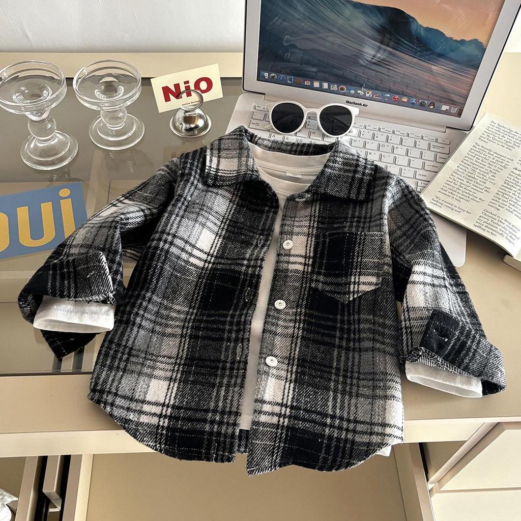 Kids' Retro Plaid Long-Sleeve Shirt with Lapel Collar - Unisex Autumn Cardigan Outerwear