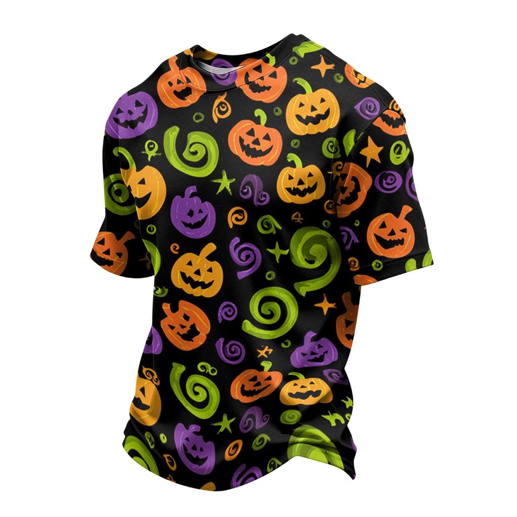 Men's Casual Short Sleeve T-Shirt Lightweight Breathable Round Neck Top Halloween Pumpkin Print Design Comfortable Fit