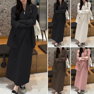 2 Pcs/Set Women Suit Coat Skirt Set Double-breasted Long Sleeve Lapel Mid Length Jacket High Waist Loose Skirt Set Formal Business Style Outfit