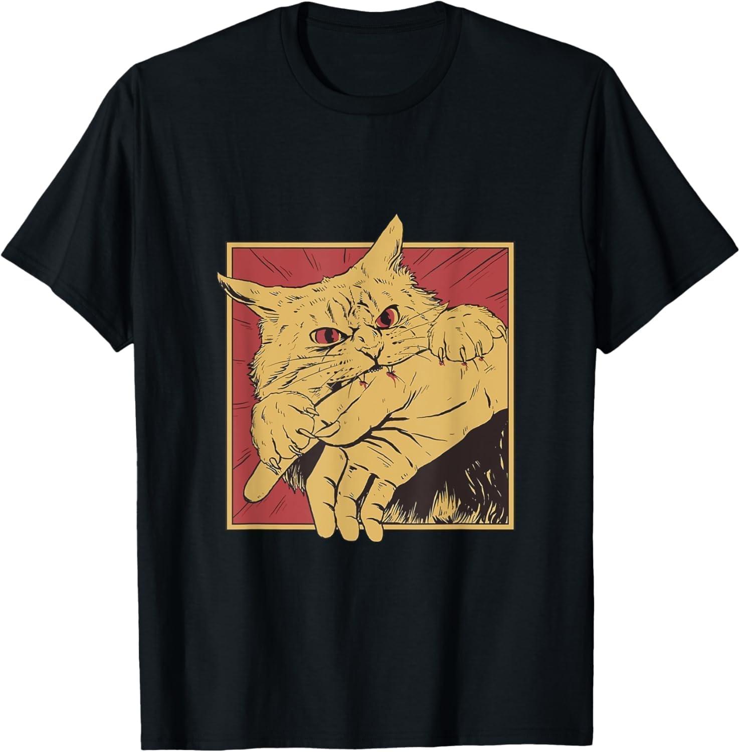 IKYDDY Funny Cat Graphic Tee Japanese Anime Cat Bite T-Shirt S