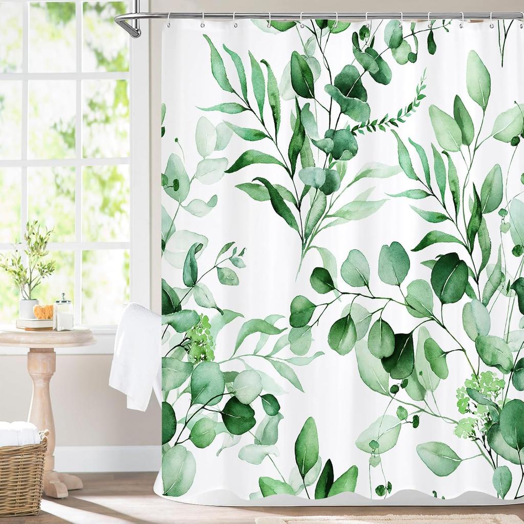 Pink Spring Floral Shower Curtain, Watercolor Eucalyptus & Botanical Plants, Modern Chic Bathroom Decor With Hooks