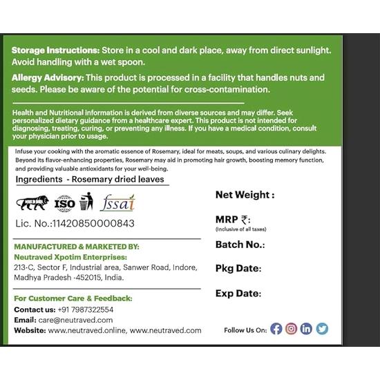 NeutraVed Rosemary Leaves (200 Grams) | Premium Grade Rosemary for Cooking, Hair Care & Perfect for Pasta, Soups, Salads, Chicken & Teas