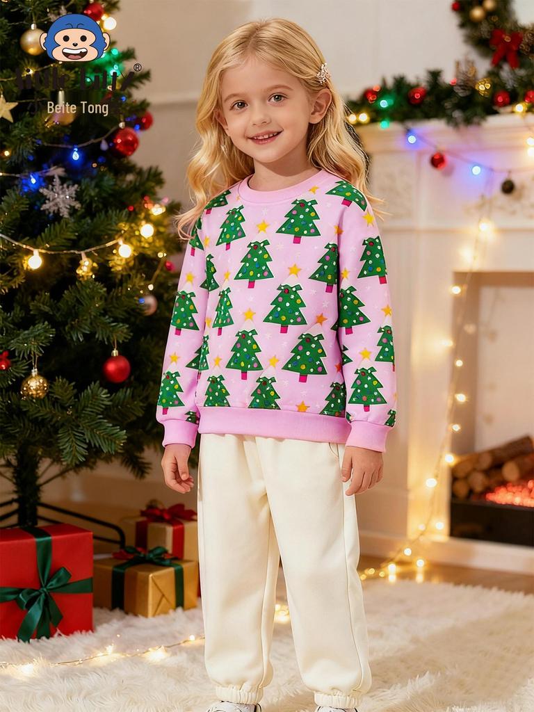 Moletom Infantil Europeu e Americano com Estampa de Árvore de Natal - Manga Longa, Design Cartoon Outono/Inverno