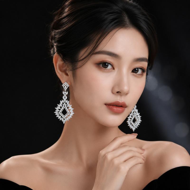 High-End Geometric Zirconia Earrings for Women - Long S925 Silver Needle, Bridal Wedding Fashion Accessories