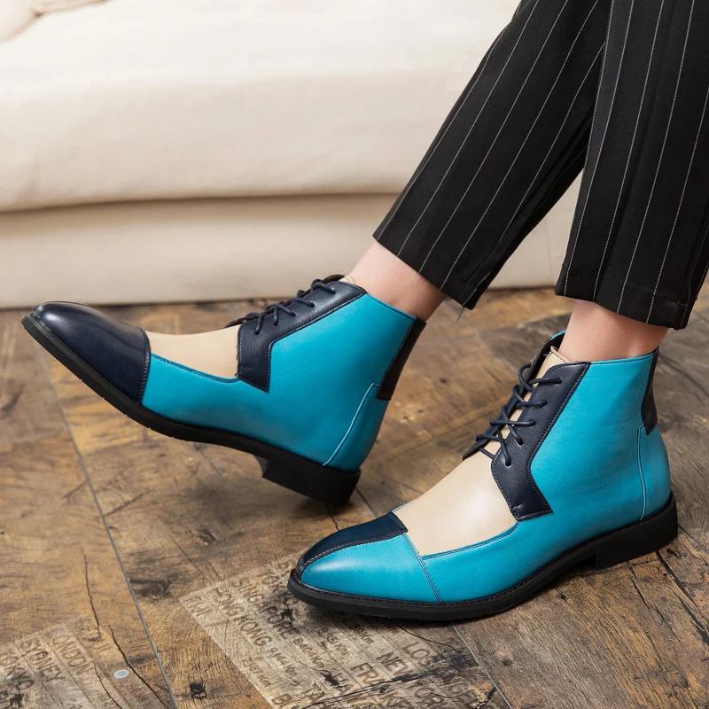 Men New Chelsea Boots Pointed English Style Multi color Spliced Lace up Ankle Boots 38-48 Male Boots