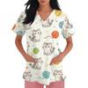 Women's V Neck Short Sleeve Work Top with Pockets Animal Print Professional Uniform Shirt for Healthcare Nursing Staff