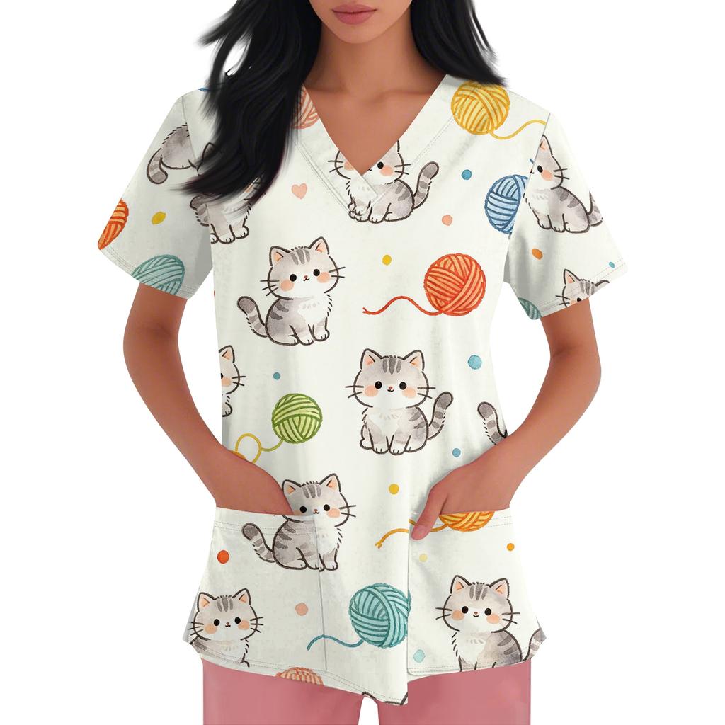 Women's V Neck Short Sleeve Work Top with Pockets Animal Print Professional Uniform Shirt for Healthcare Nursing Staff