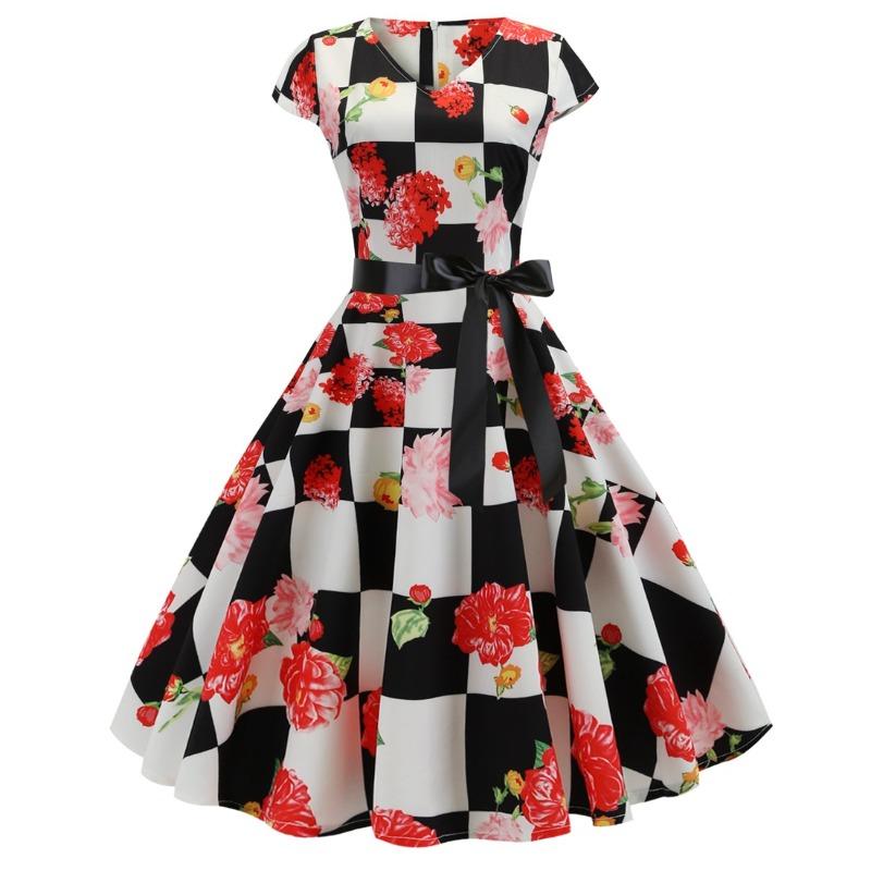 Vintage supply V-neck cover sleeve full body print big swing skirt with black ribbon