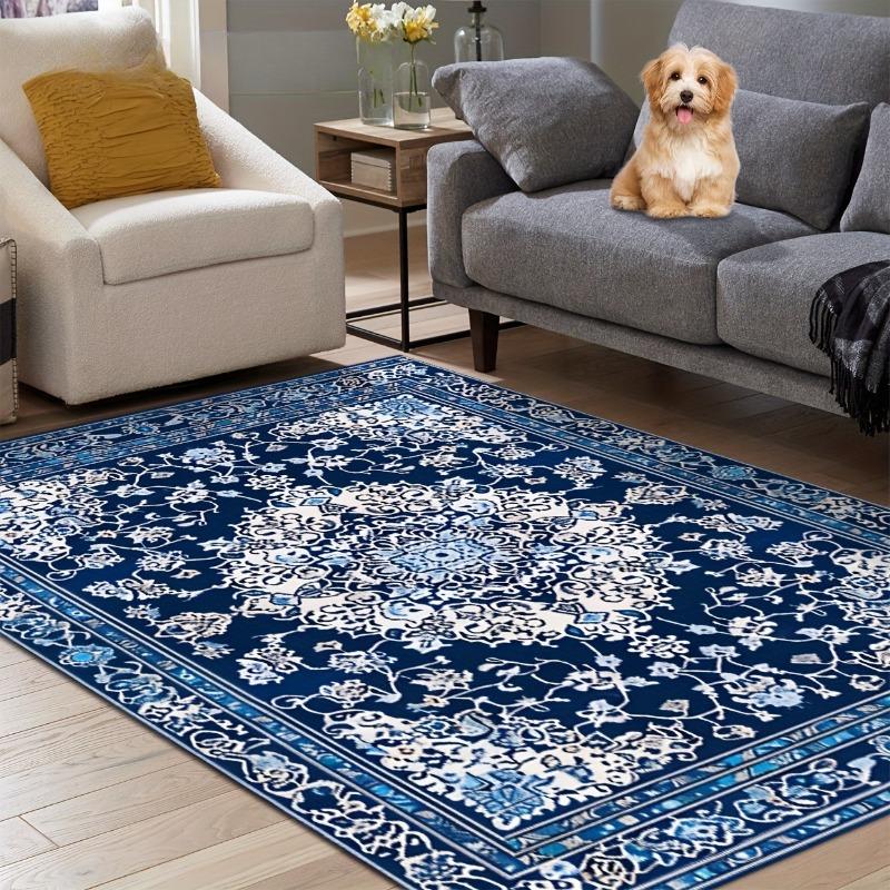 Klassischer Teppich mit exotischen ethnischen Mustern in Blautönen, für verschiedene Räume wie Wohnzimmer, Badezimmer, Küche, Schlafzimmer