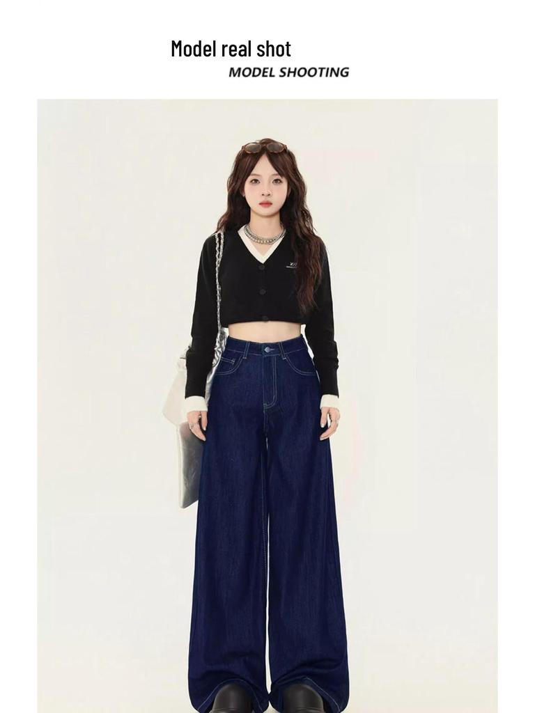 Damen Retro Dunkelblaue Weitbeinige High-Waist Jeans - Bodenlang Koreanischer Stil für Frühling & Herbst