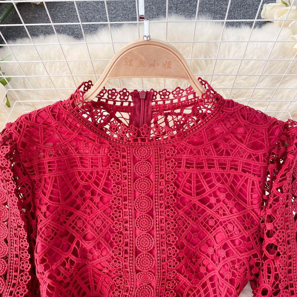 RUGOD Robe rétro haut de gamme de déesse du tempérament, robe trapèze en dentelle à crochet creux à taille fine et fleur