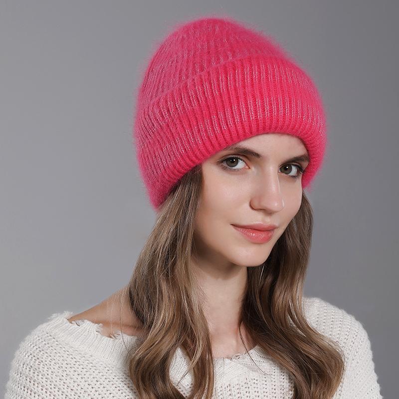 

Женская шапка из ангорской шерсти, зимняя, с мехом кролика, вязаная теплая, модная, двухслойная, с серебряной проволокой, повседневная, для шапок, толстая розы красного