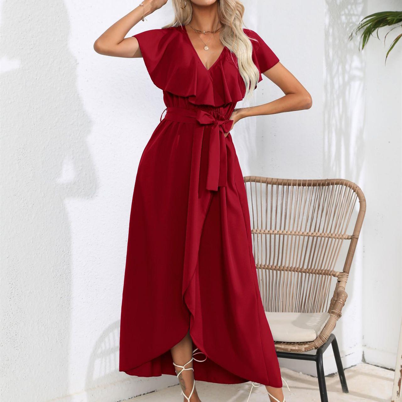 

GMXIA женские модные летние весенние однотонные повседневные платья с короткими рукавами и v-образным вырезом и высокой талией XL красный