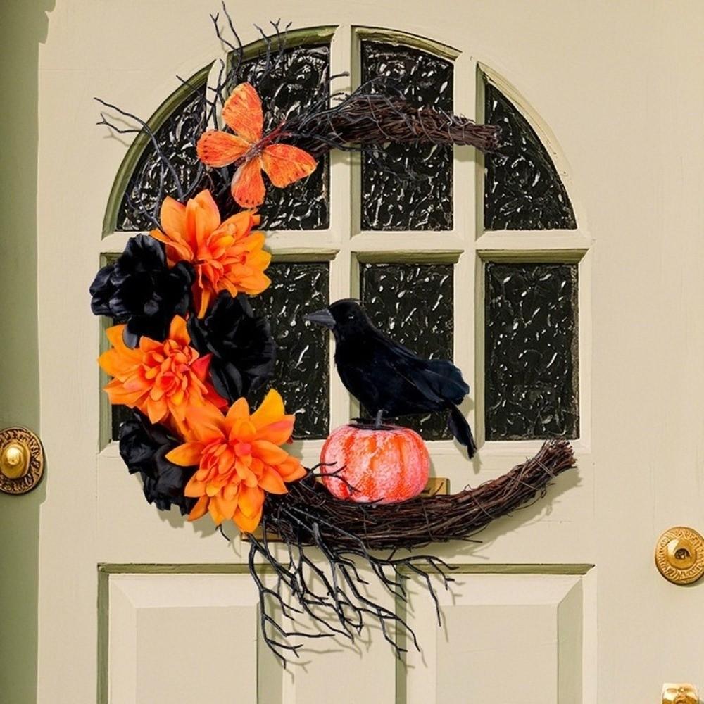 Plastic Cat Crow Wreath Gothic Style Artificial Flower Garland Halloween Wreath Window Wall Decor