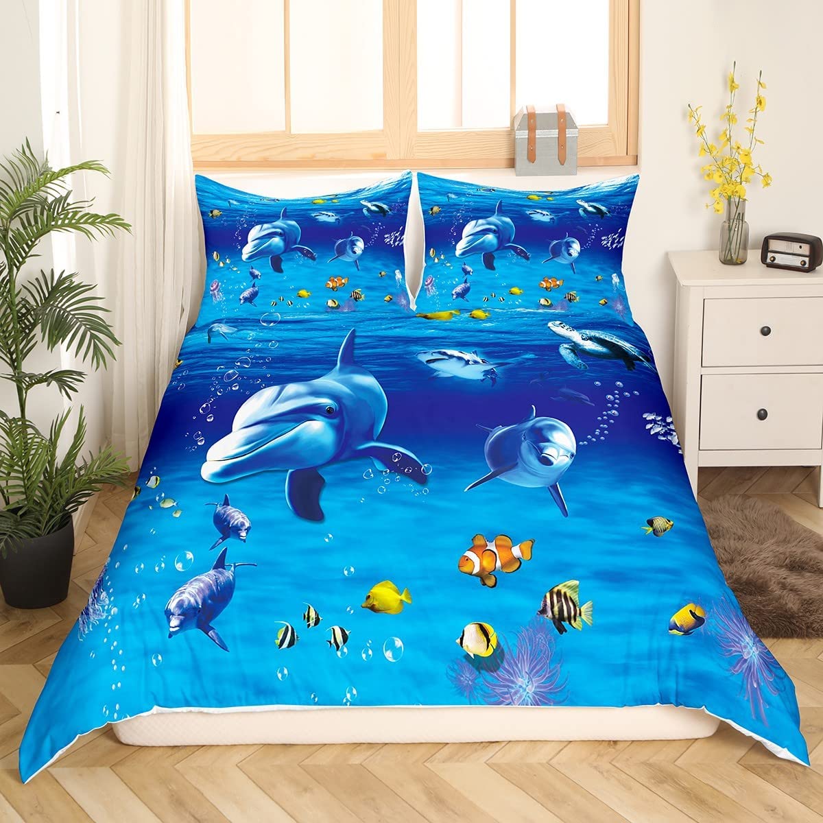 

Dolphin Duvet Cover Set Kawaii Wild Animals King Queen Full Size Polyester Bedding for Kids Boys Girls EU single(135x200cm)