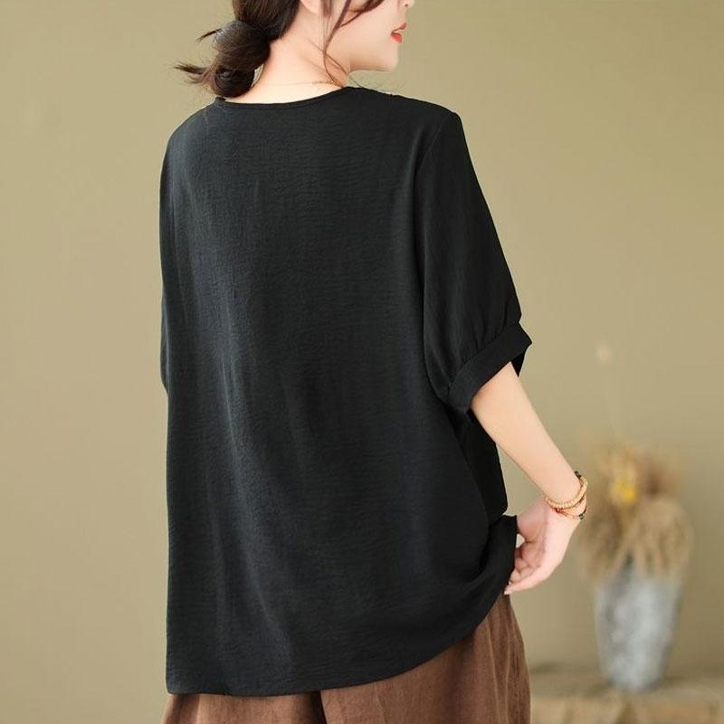 Vintage Short Sleeve Loose Pullovers Female Clothing Folk Fashion Embroidery Korean Spliced Summer Casual V-Neck Basic T-shirt