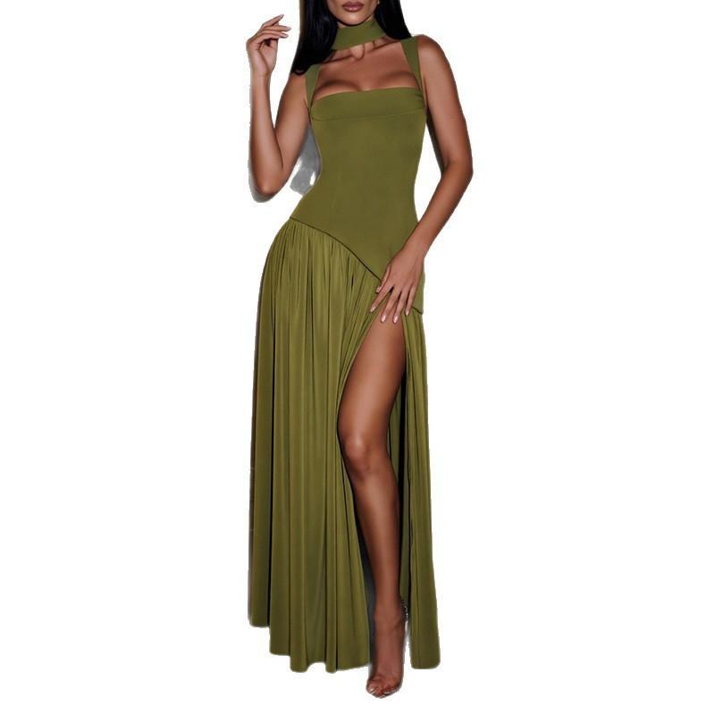 2026 Women's Clothing Fashionable Temperament Pure Color Pleated Split Dress