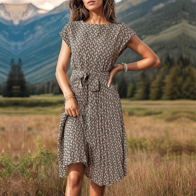 Pleated Print Dress Fashion Summer Women's with Belt