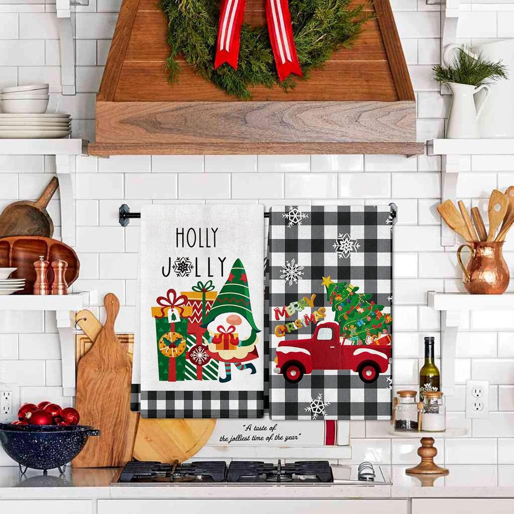 2 Pack Christmas Kitchen Towels and Dish Towels, 16 x 24 Inch Christmas Plaid Truck Tree Gnome Gift Box Absorbent Drying Cloth Tea for Cooking Baking