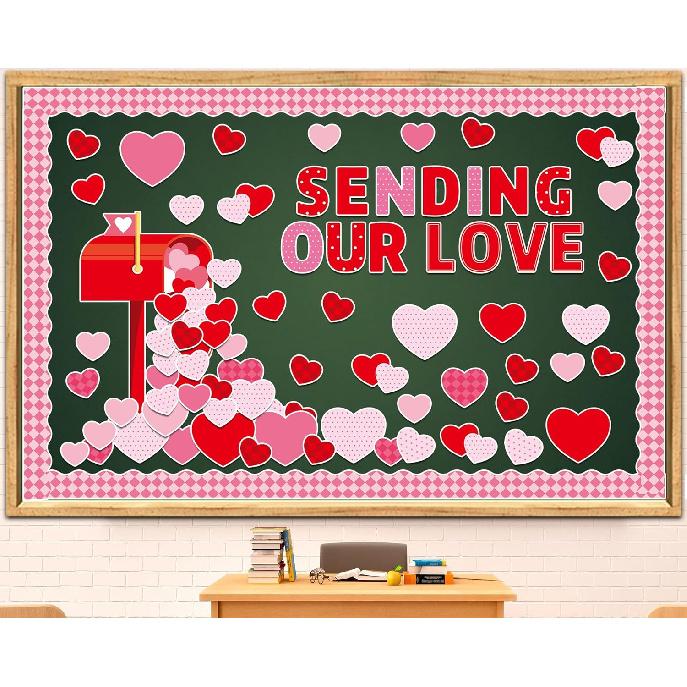 89PCS Valentine s Day Bulletin Board Decoration Set Heart Bulletin Board Borders Sending Our Love Cutouts for Bulletin Board Happy Valentine s Day