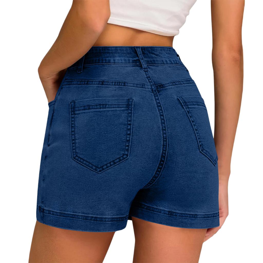 Blugi scurți din denim casual și la modă pentru femei, cu talie înaltă