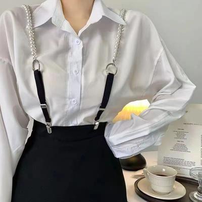 Women Suspenders Belt Faux Pearl Shirt Decoration Adjustable Elastic Duck-Mouth Clip Back Strap