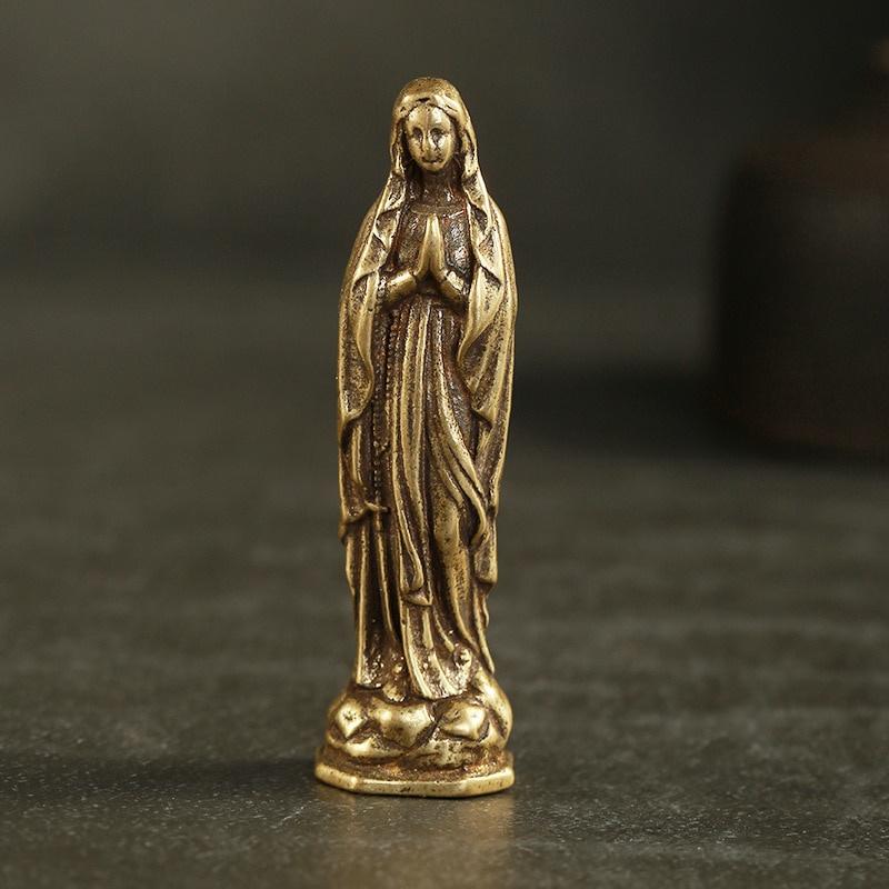 Vintage Blessed Virgin Mary Figurines Statue Small Ornaments Brass Holy Mother Religion Faith Buddha Home Decor