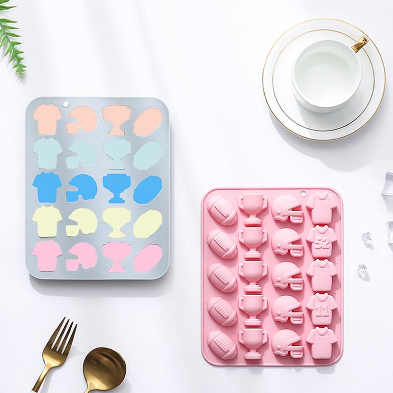 Football Chocolate Mold,Sports Theme Silicone Mold, 20-Cavity Football Rugby Trophy Helmet Jersey Silicone Fondant Candy Mould