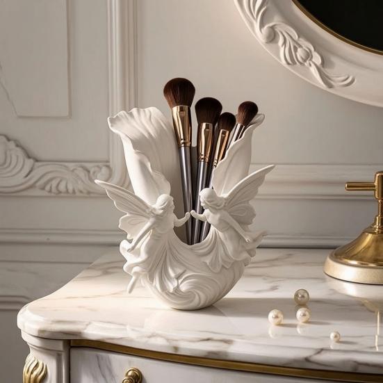 3D Printed Pen Holder 2 Angels Wings Decorative Pencil Cup Multi-functional Desk Organizer for Office Home Workspace