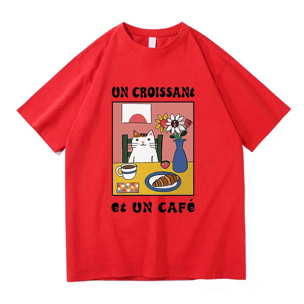 French Cafe Cat T Shirt Fashion Women Summer Funny Letter Un Croissant Et Un Cafe Tshirt High Quality Casual Cotton Tees Shirts
