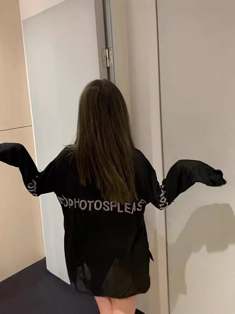 Autumn Women's Trendy Rhinestone Black Long Sleeve Loose Fit Top - Plus Size Slimming Cover-up