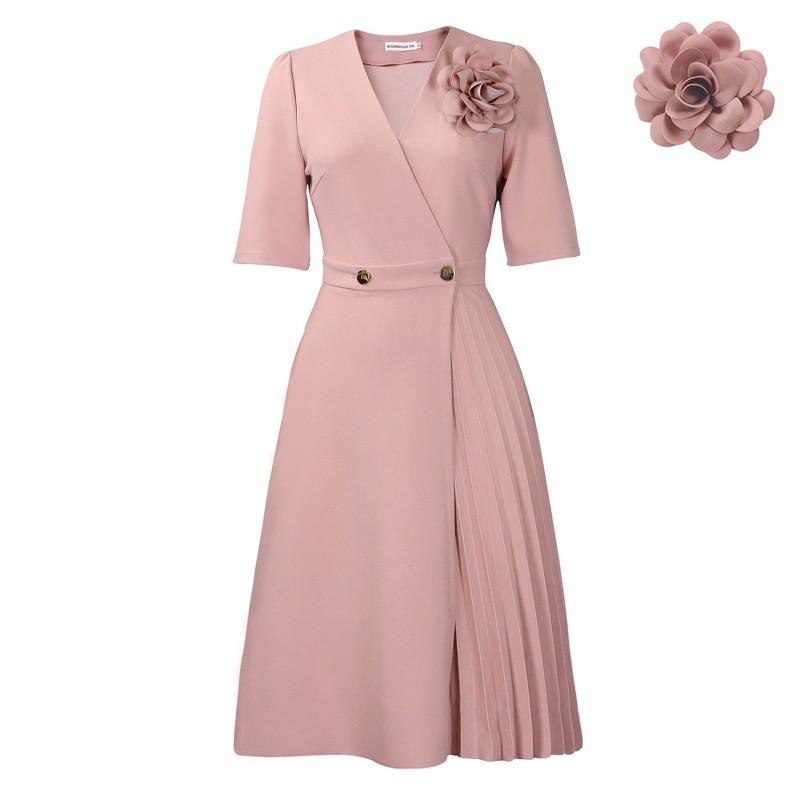 

Women s Clothing Summer V-neck Fashionable Short-sleeved Pure Color Elegant Pleated African European American Dress L