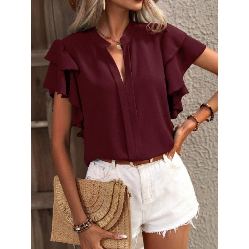 Women's Ruffle Sleeve V Neck Chiffon Blouse Casual Stand Collar Loose Summer Top