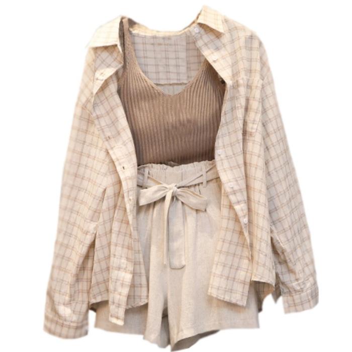 Damen Sommer Büro Casual Anzug Weste + Kariertes Hemd + Shorts Zweiteiliges Set