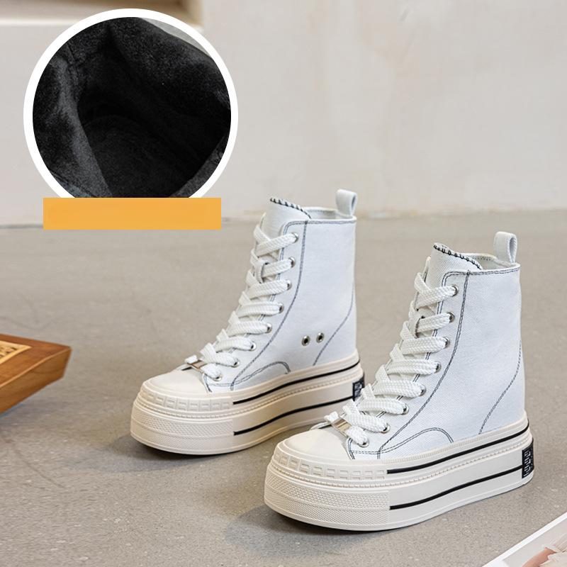 12CM Women's Canvas High Top Sneakers Casual Lace Up Sneakers For Woman Spring Autumn Shoes Winter Warm High Heels Sneaker Shoes