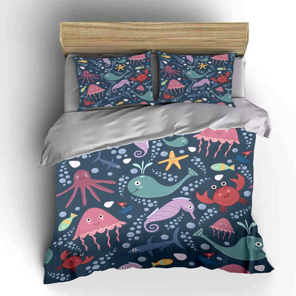 Cute Ocean Animals Pattern Bedding Duvet Cover Set (1*Duvet Cover 2*Pillowcases, without duvet insert)